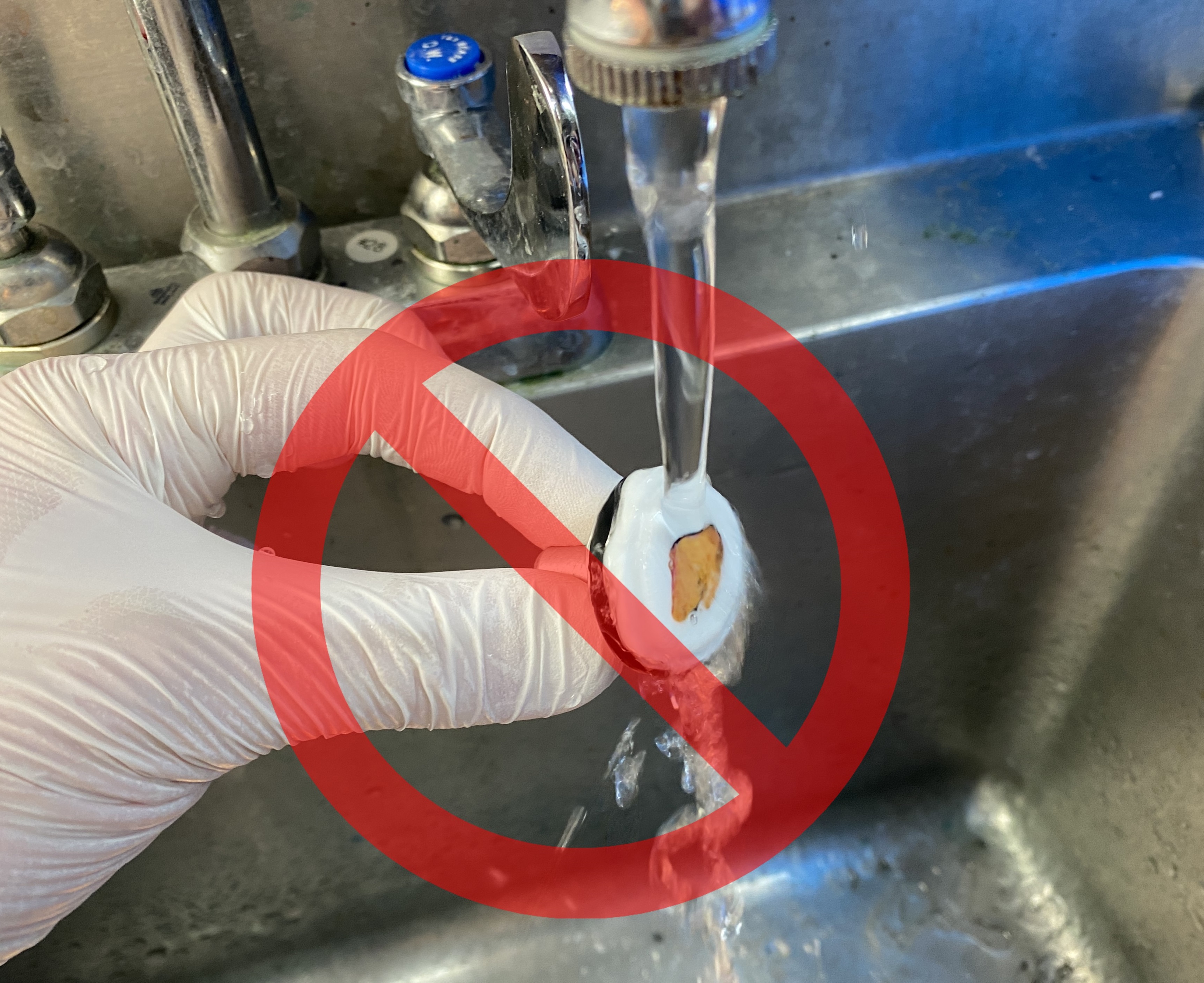 When no more frozen sections are needed for a block, do not use water directly on the sample, as it may get flushed away.